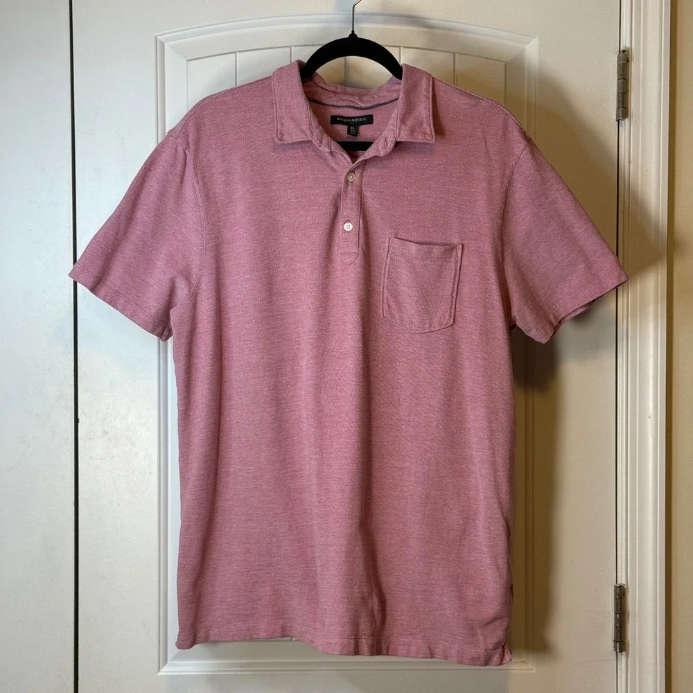 Banana Republic‎ Mens XL Pink Heathered Cotton Short Sleeve Pocket Polo Shirt